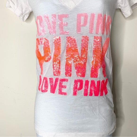 Pink Victoria’s Secret Sequin Letter T-shirt Short sleeve Y2K 2000s White XS - Picture 6 of 12